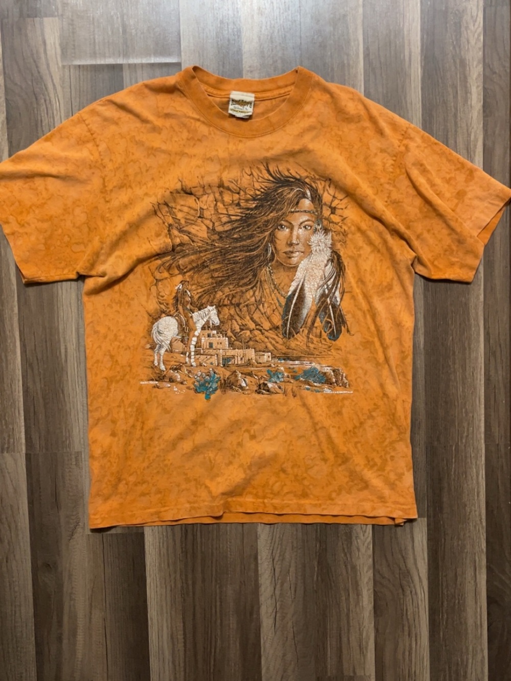 Vintage RAGTOPS Native American Single Stitch Mens Large Orange Shirt USA Tag